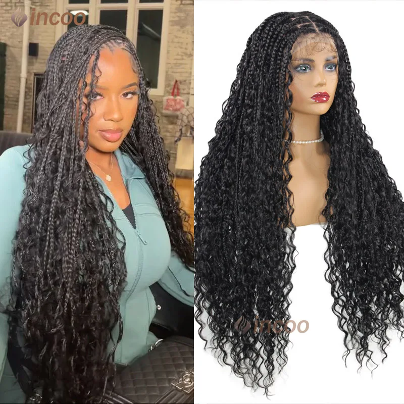 360 Synthetic Full Lace Frontal Boho Braided Wigs Wave Curly Preplucked Goddess Locs Braided Wig With Baby Hair Box Braids Wigs