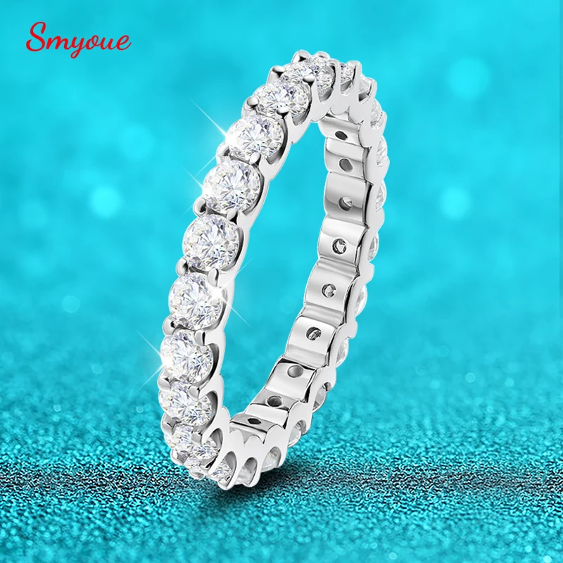 Smyoue Rhodium Plated 2/3mm Full Moissanite Rings for Women Sparkling Wedding Promise 925 Sterling Silver Band Valentine Gift