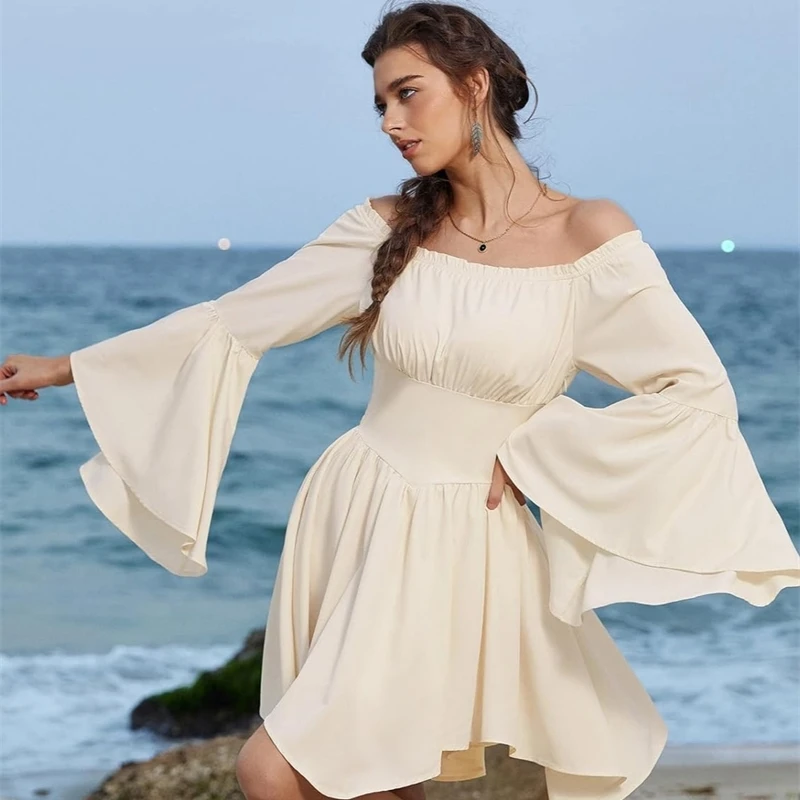 Vestido asimétrico por encima de la rodilla con hombros descubiertos, sin tirantes, cintura ahumada, mangas largas acampanadas, Color sólido, Mini para mujer, elegante cita de fiesta