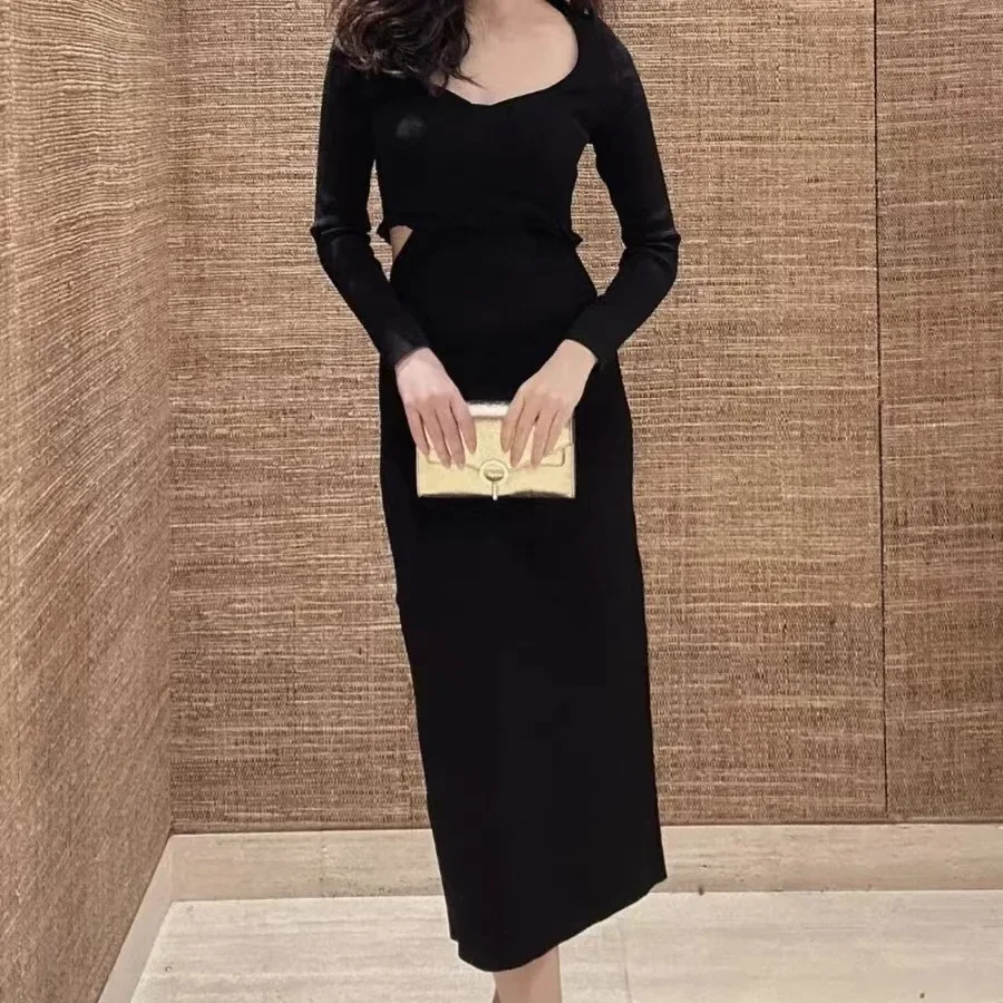 

Women Black Knitted Midi Dress Waist Hollow out U-Neck Long Sleeve Slim Spring 2024 Robe