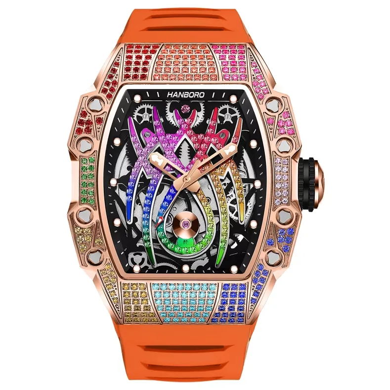 HANBORO Men Automatic Watch Tonneau Mechanical Wristwatch Waterproof Sapphire Mirror Skeleton Spider Dial Crystal Bezel