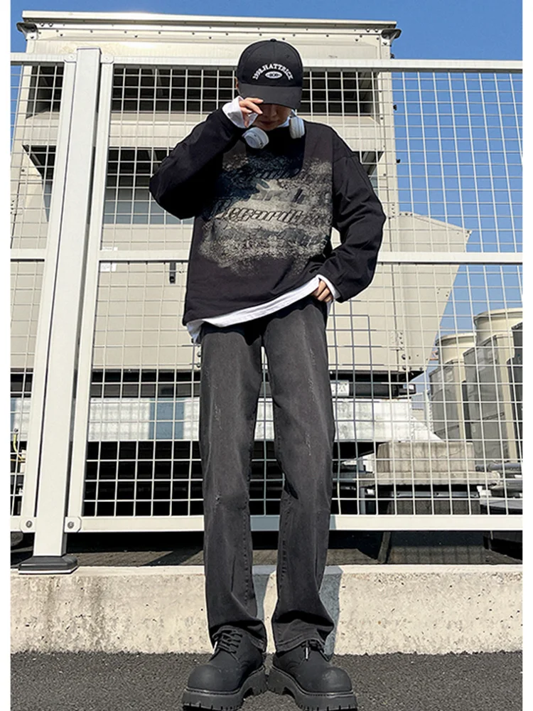 

Slimming High Waist Men's Jeans American Street Style Vibe Trendy Brand Handsome Flared Straight Leg Long Pants