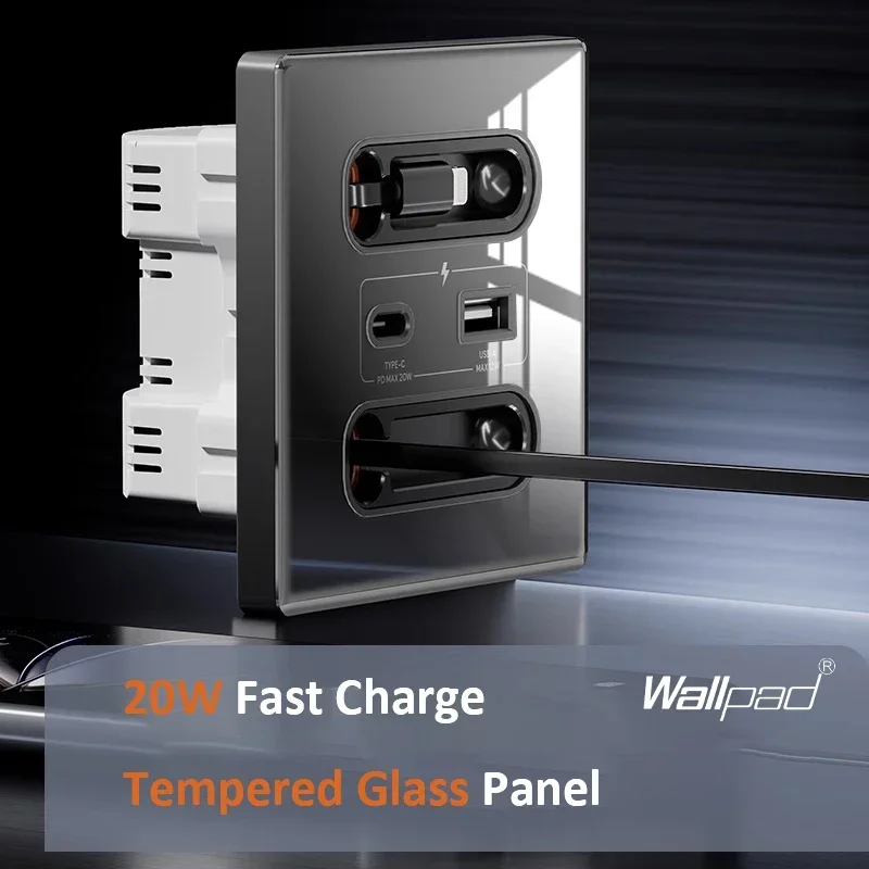 EU Standard Fast Charge 20W USB A+C Ports Wall Socket with Retractable 80cm Type C Charging Wire White Grey Glass Panel 86x86mm