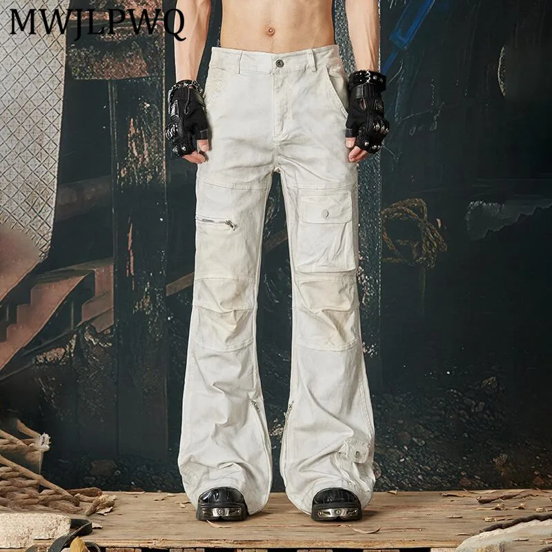 

MWJLPWQ Men's Dyed Flared Multi-Pocket Casual Jeans New High Street Pocket Pleated Design Unisex Workwear Slim Fit Pants 13581