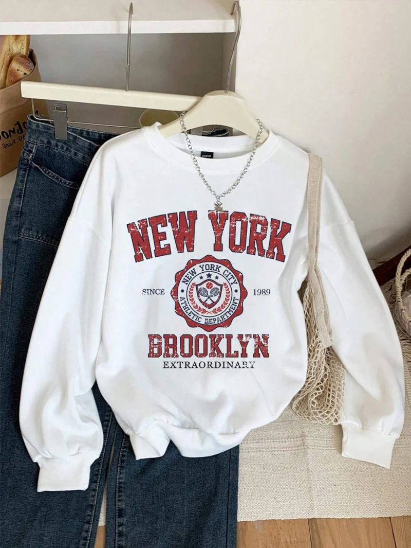 Fashion Woman Sweatshirts New York Brooklyn Letter Prints Pullovers Casual Crewneck Oversize Hoodies Fleece Warm Female Clothes