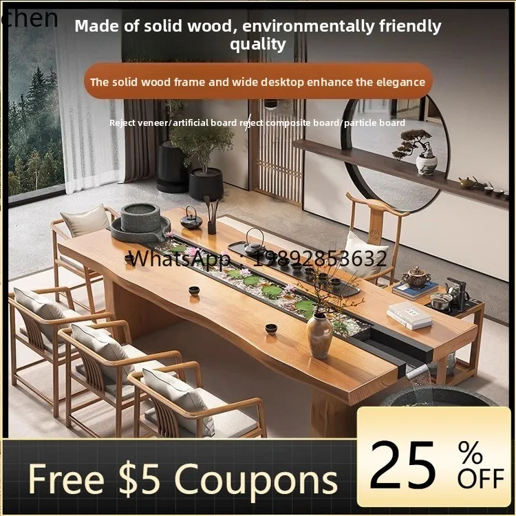 ZML Modern Minimalist Fish Tank Circulating Eco-Landscape Large Board  Solid Wood Flowing Water  Home Brewing and Chair Set