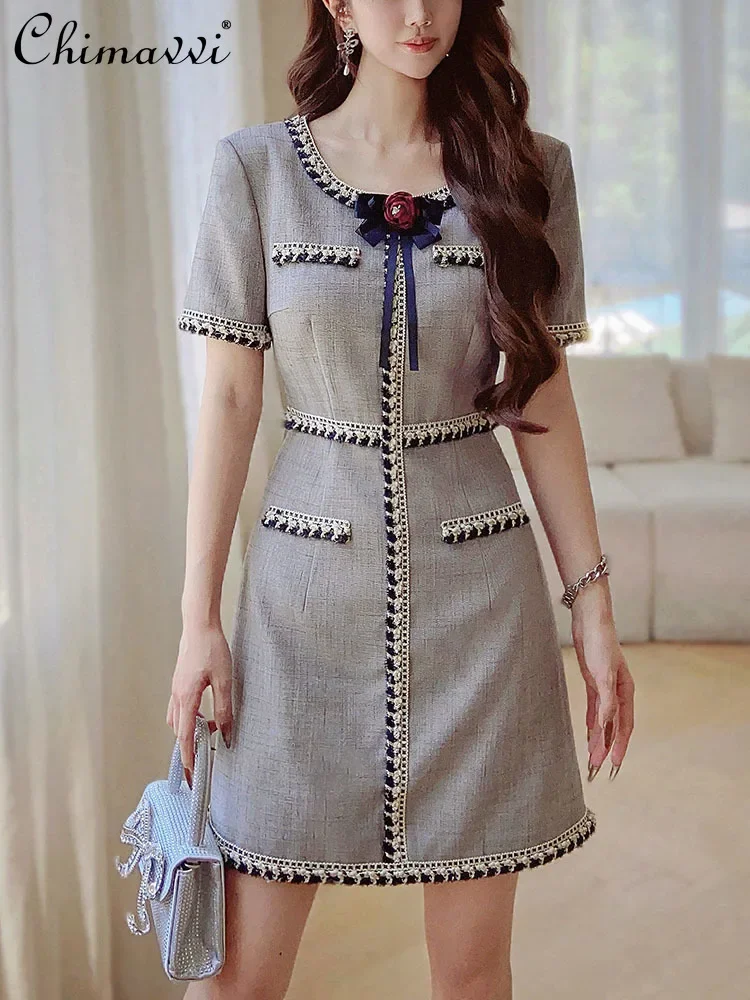 

French Socialite Elegant Rose Corsage Gray Dress Female Summer New Fashion Short Sleeve Slim-Fit OL Above Knee Dresses Women