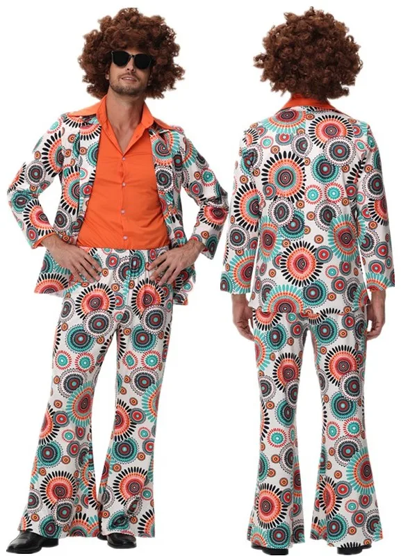 زي ديسكو للأزواج بطراز الهيبيين من السبعينيات، ملابس ريترو مطبوعة للهالوين، أزياء تقليدية من ألياف البوليستر للعروض المسرحية