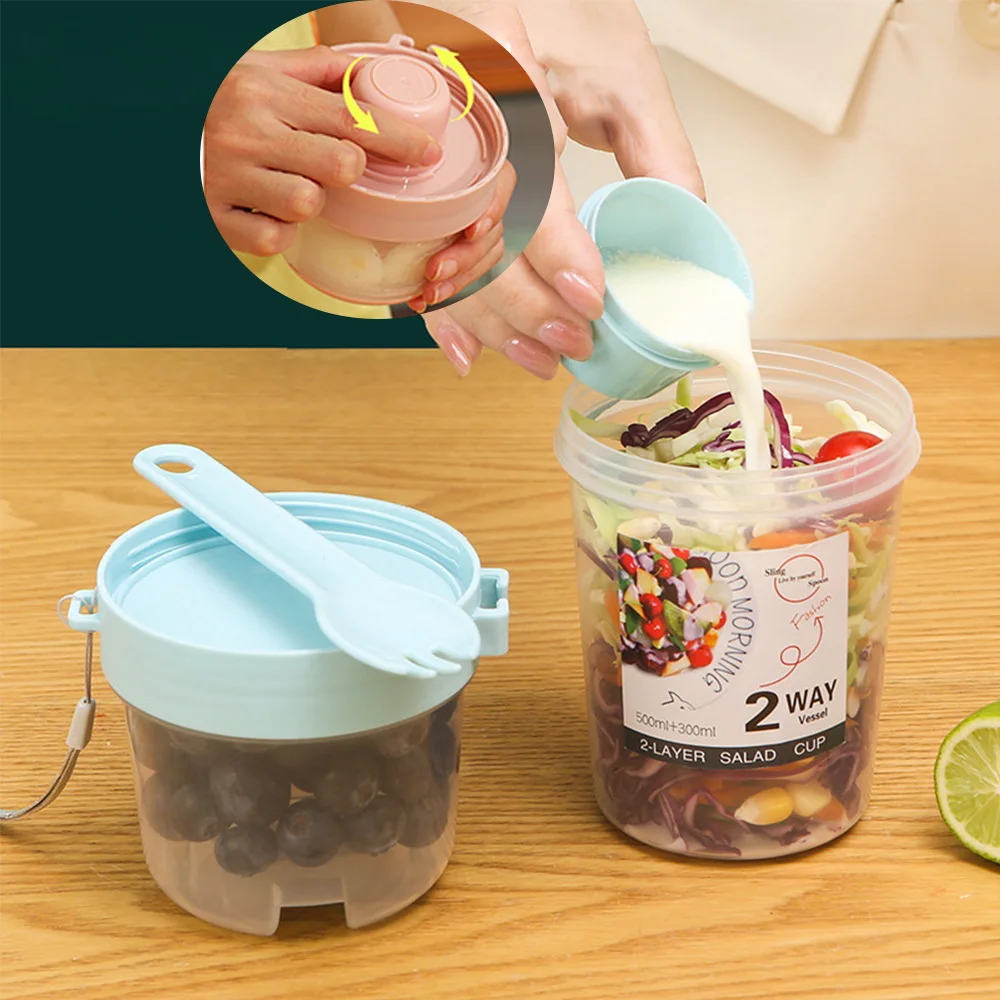 Portable 2Layer Vegetable Salad Cups with Fork Light Nut Yogurt Sealed Box Fruit BreakfastCup Bento Tuppers Food Taper Lunch Box