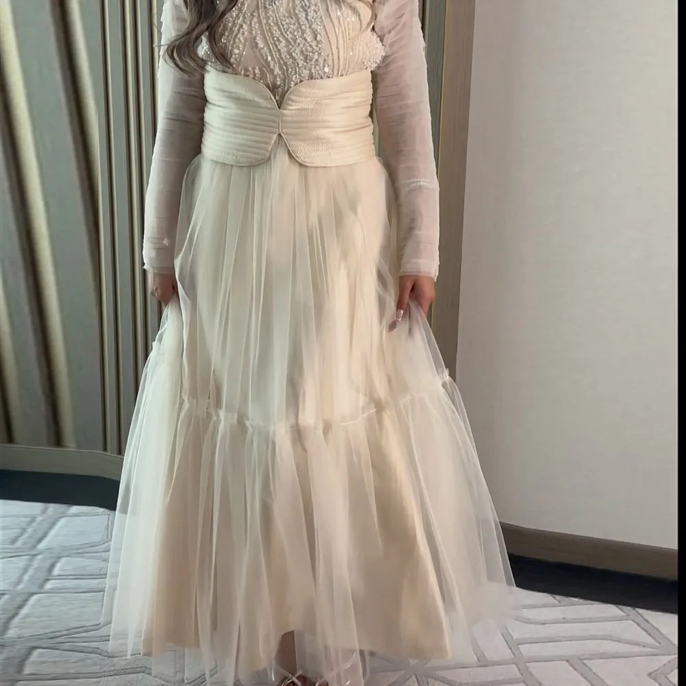 

Customized A-line Evening Dresses Ankle-length O-neck Full Sleeve Prom Gown Fashion Sequined Beading Simple Draped Party Gown