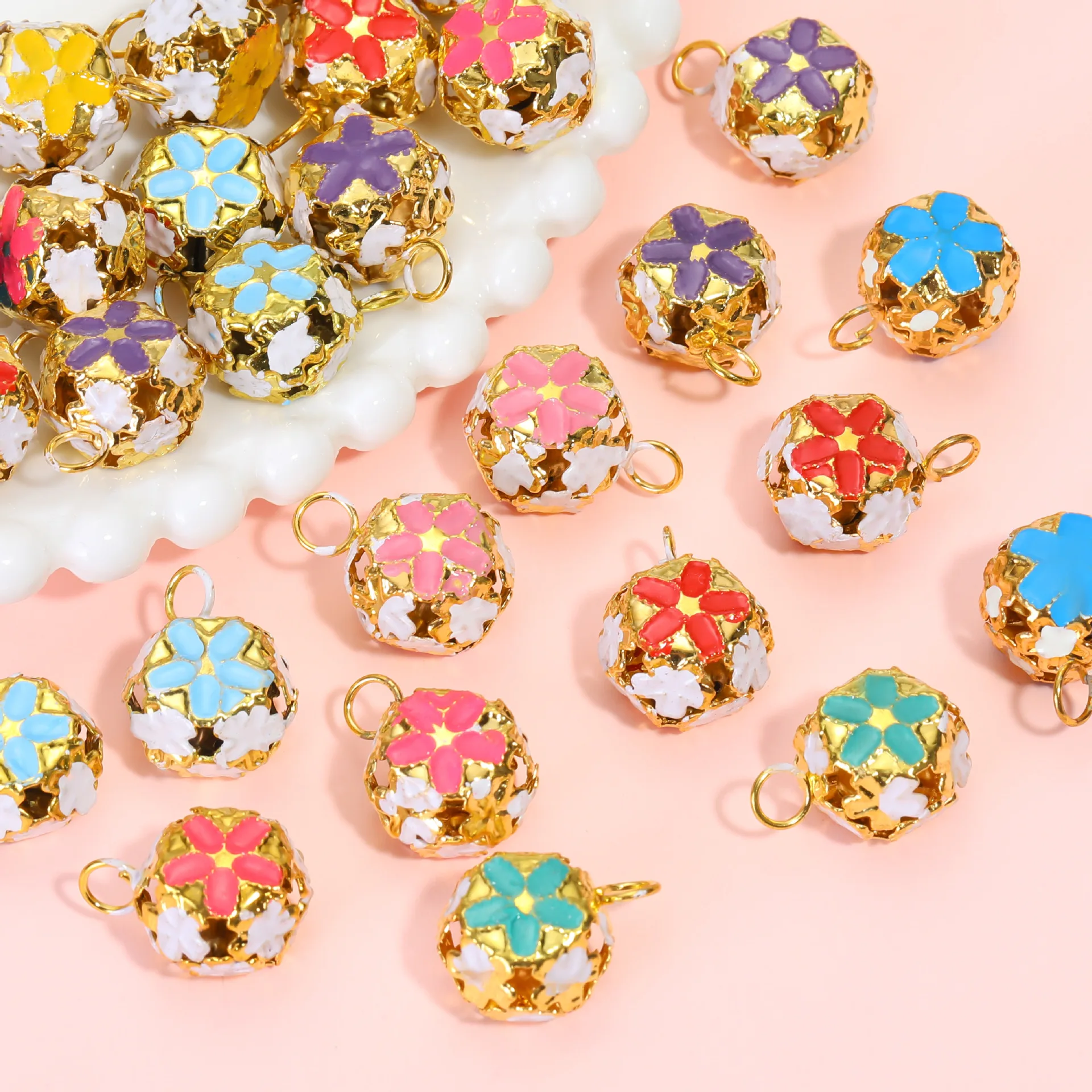 30pcs/lot Colorful Jingle Bells Gold Plated Flower Shaped for Party Christmas Decoration Handmade Accessories 14mm CP0584
