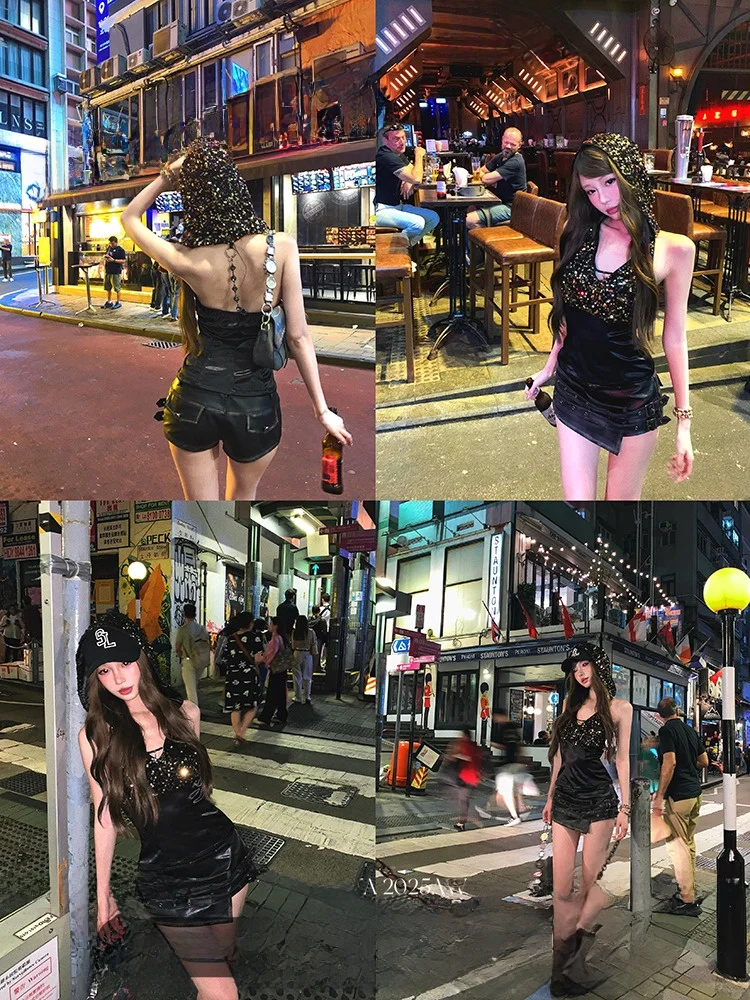 

Pinksoya Cyber Sni Sequin Patchwork Hoodie Vest Women Summer Spicy Ba Design Chain Top Zipper ort Regular Fit Commute...