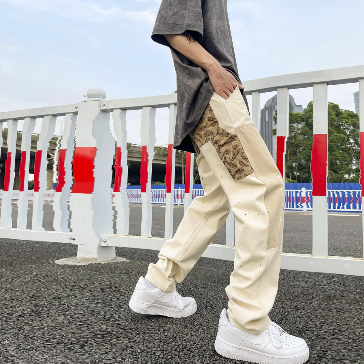 Hip Hop Khaki Cashew Flower Straight Leg Pants Overalls Ink Splashing Stitching Straight Canvas Trousers Retro Cargo Pants Men