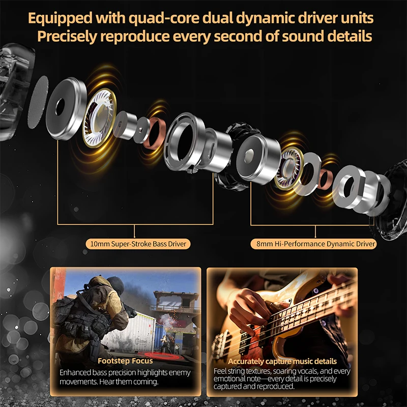 KZ Duet Quad Core Dual Dynamic Drivers In-ear Wired Headphones for HiFi Music Gaming Stereo Sound Quality Headphones