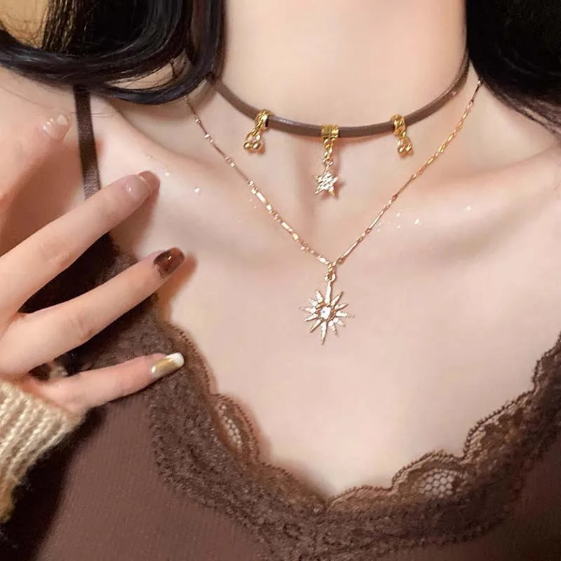 2024 New Sun Star Zircon Necklace for Women Vintage Leather Necklace Double Layered Star Pendant Chain Choker Fashion Jewelry