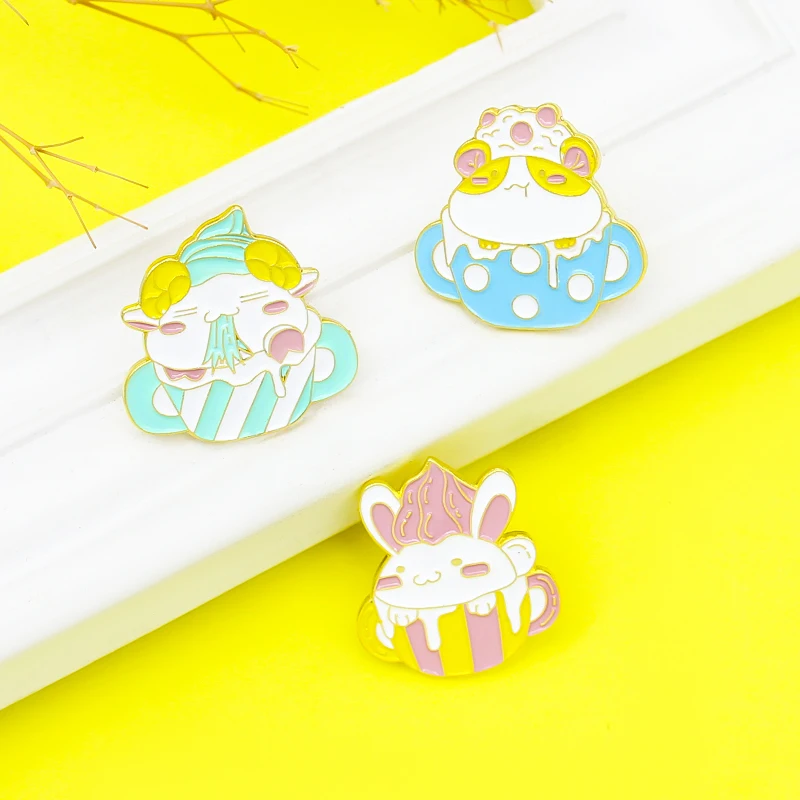 Brooches Enamel Pin Sheep Rabbit Hamster Mouse Ice Cream Custom Brooch Bag Lapel Pin Badge Jewelry Gift for Kids Cup of Animal