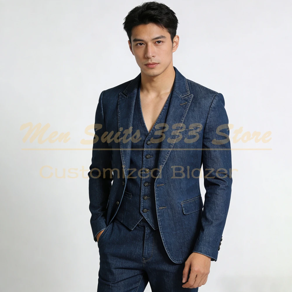 

Customized Banquet Denim Men's Suits Casual Chic Single Breasted Peak Lapel Slim Fit 3 Piece Jacket Pants Vest Full Sets