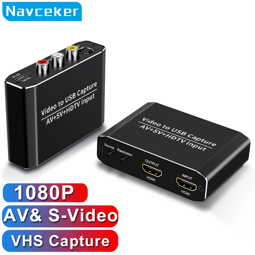Navceker VHS to Digital USB Video Converter 1080P USB 3.0 VHS AV RCA HDMI Capture Card Recorder Grabber for PC PS2 Wii Camcorder