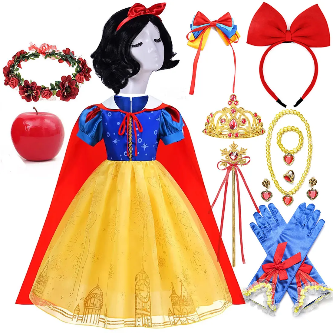 

New Movie Snow White Classic Dress Girl Cosplay Princess Short-Sleeved Print Clothing With Cloak Summer Party Birthday Gift
