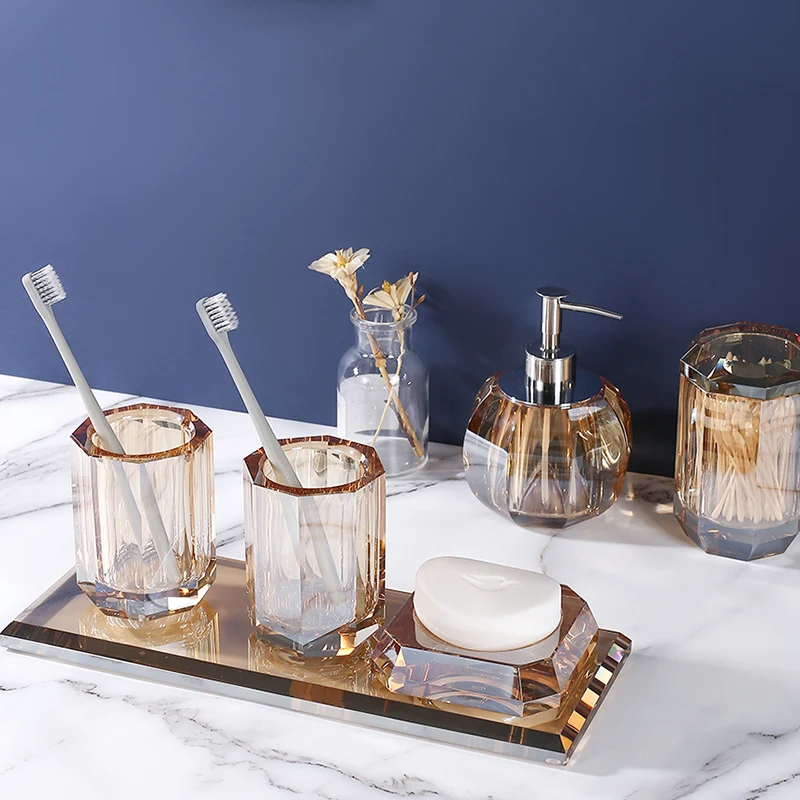 

Luxury Crystal Bathroom 4/Piece of Household Push-on Lotion Bottle/Mouth Cup/Cotton Swab Can/Storage Tray/Bathroom Accessories