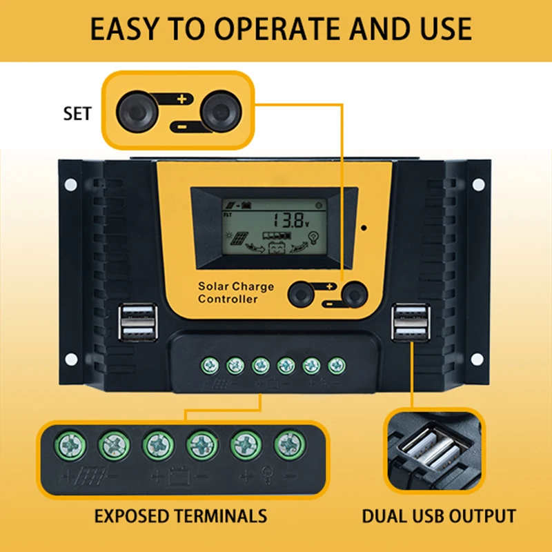 POWLSOJX PWM Solar Charge Controller for 12/24/36/48v Lithium Battery Solar Panel Regulator with Backlit Display Temperature