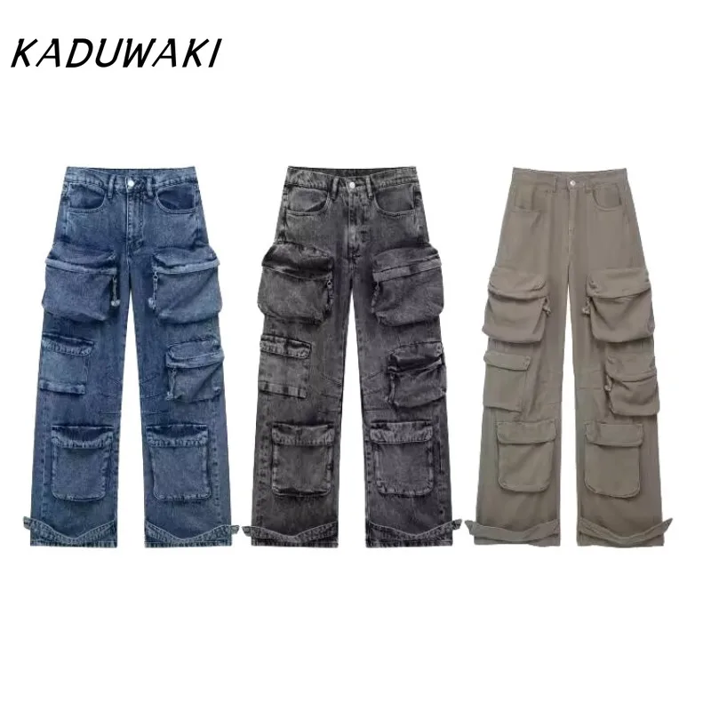 

KADUWAKI E-girl Gothic Jeans High Waist Solid Color Multiple Pockets Straight Wide Leg Cargo Denim Pants 2025 Spring New Fashion