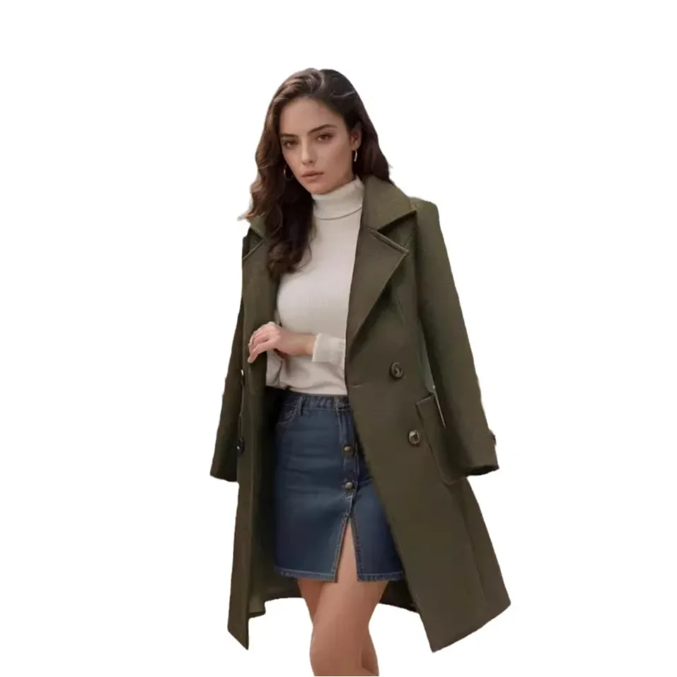 Autumn Winter Elegant Woolen Long Sleeve Flap Pockets Female OuterwearSolid Color Fashion Loose Jacket Trench Coat For Women