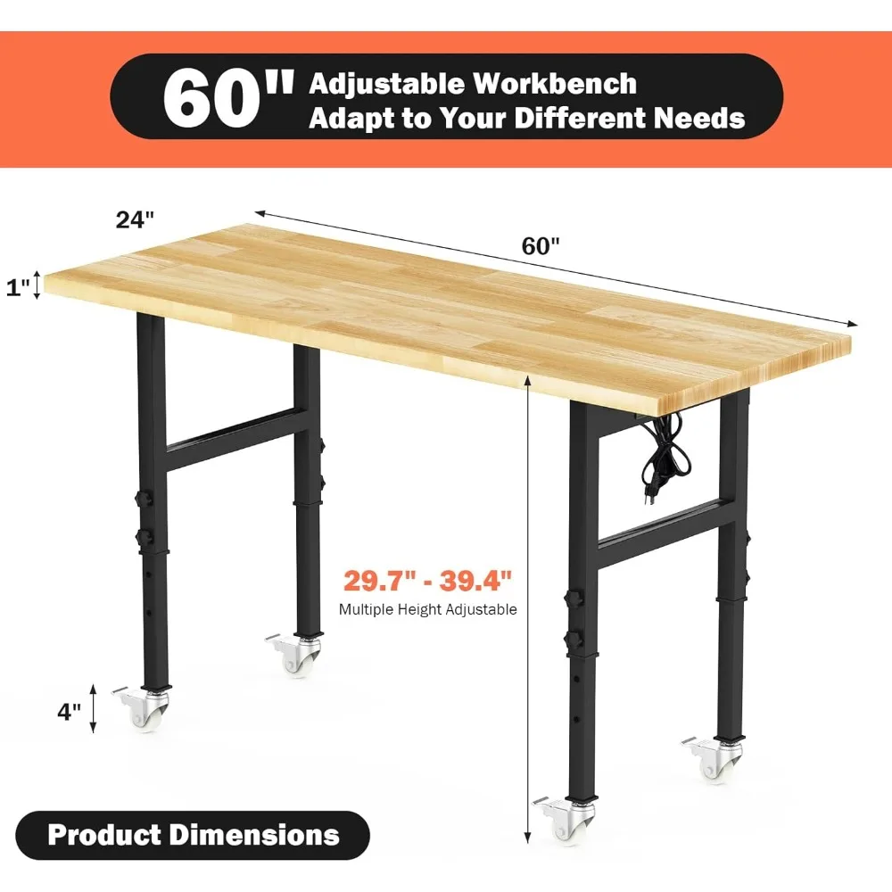 60” Heavy-Duty Solid Wood Work Bench Work Table with Wheels, Adjustable Height Portable Workbench with Power Outlets