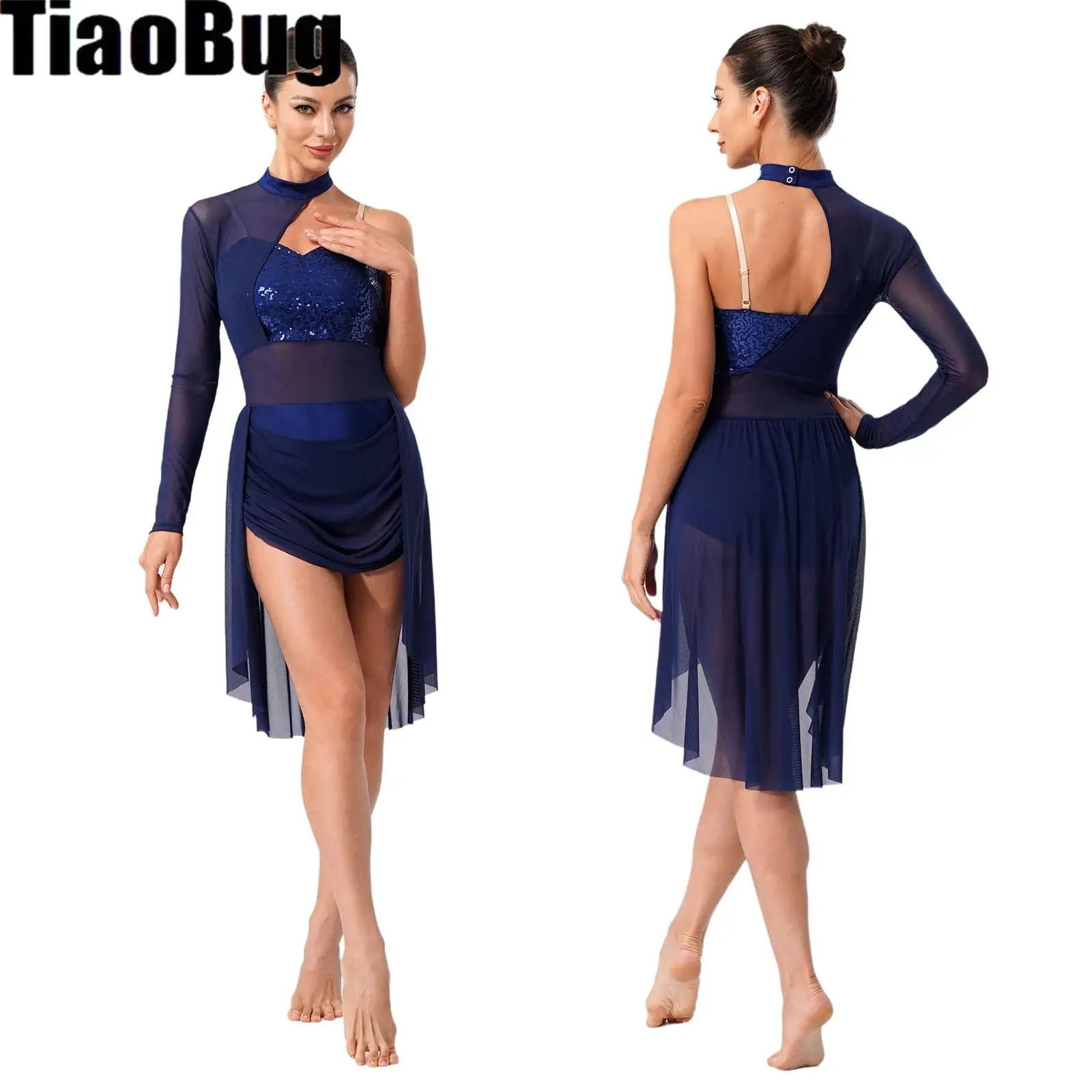 Abito da ballo lirico monospalla da donna, manica singola, trasparente, con paillettes scintillanti, body da ginnastica per balletto, abbigliamento da ballo contemporaneo