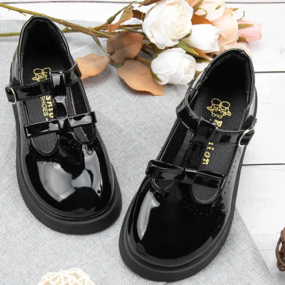 New Fashion Children\'s Shoes Simple Bow T Buckle Black Leather Shoes Classic Cute Versatile Princess Dress Shoes