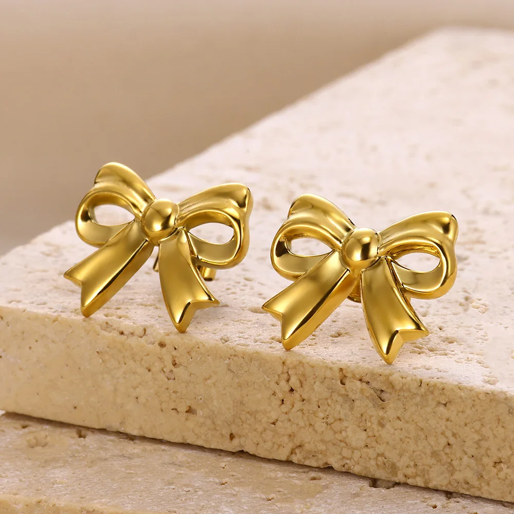 Stainless Steel Bow Tie Earrings For Women Trend 2024 Cute Geometric Hollow Stud Nail Jewelry Daily Party Aesthetic Jewelry Gift