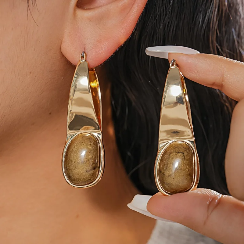 

High Gloss Gold Teardrop Frame Natural Brown Vein Stone Drop Hoop Earrings for Women Earth Tone Minimalist Statement Jewelry
