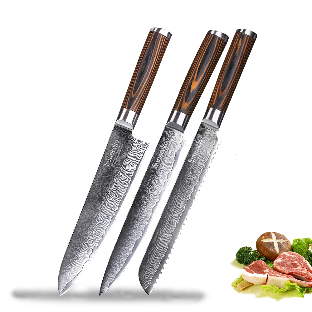 Sunnecko Damascus Steel Kitchen Knife 1-3pcs/set 8'' Chef Bread Slicing Wooden Handle Meat Fish Toast Cake Knifes Tool Gift Box