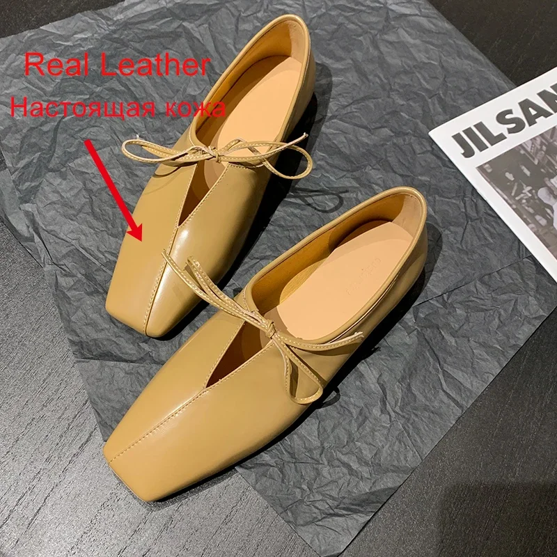 JOZHAMTA Women Casual Flats Shoes Real Leather Cute Bow Lace Up Low Heels Shoes Vintage Square Toe Daily Office Dress Size 34-40