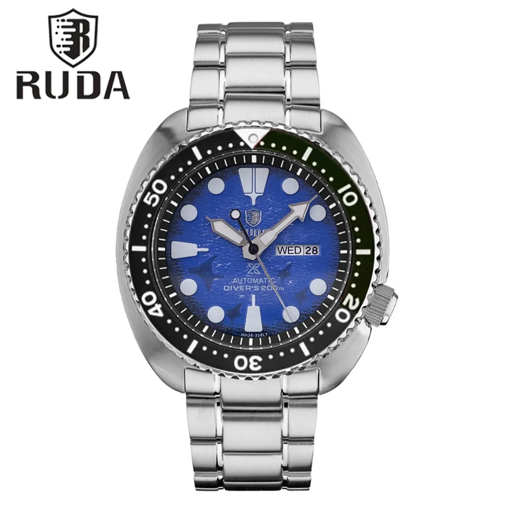 2027 RUDA Men Quartz Watch, Two Tone Rotating Bezel Stainless Steel Strap, Dual Calendar Devil Fish Dial Wristwatch