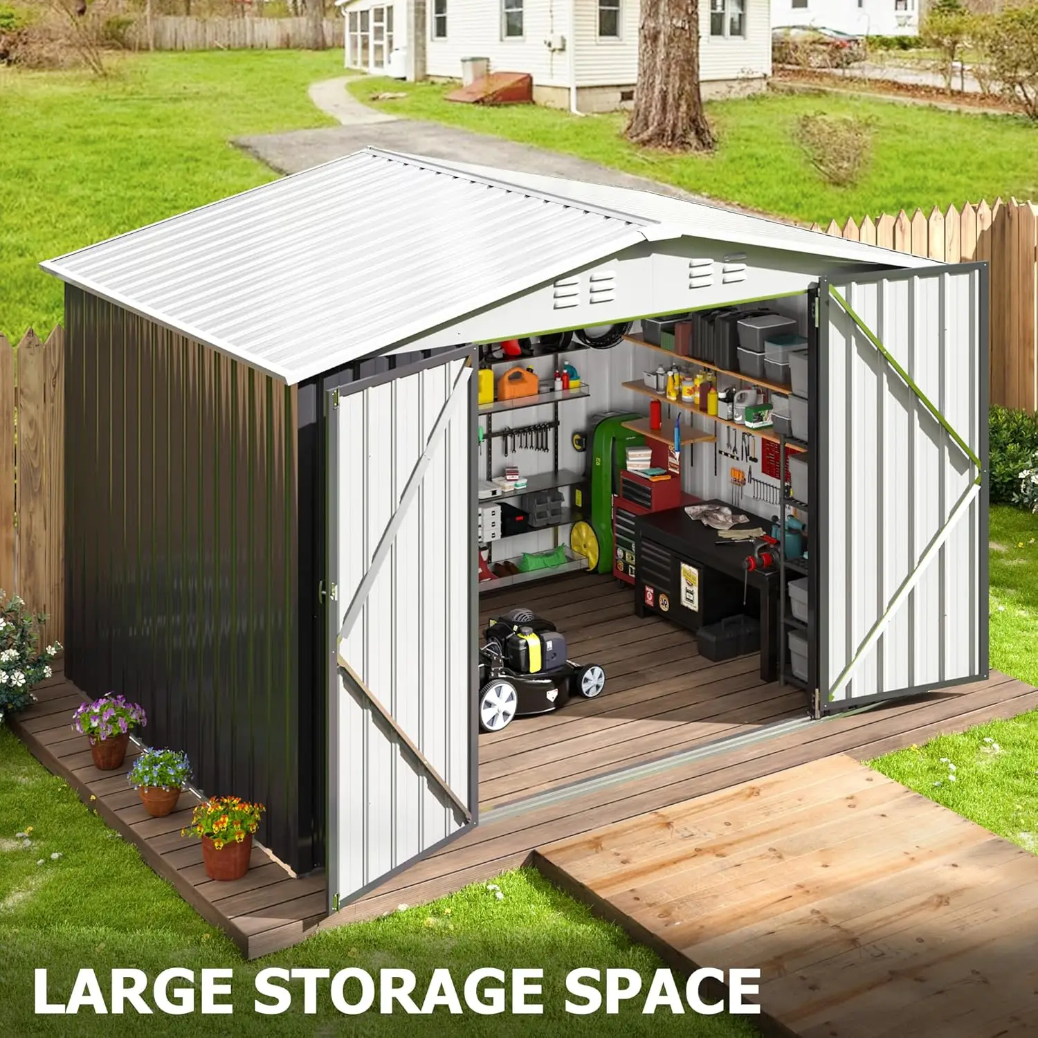 6x8 FT Outdoor Storage Shed, with Updated Frame Structure and Lockable Doors, Metal Tool Sheds for Backyard Garden Patio Lawn