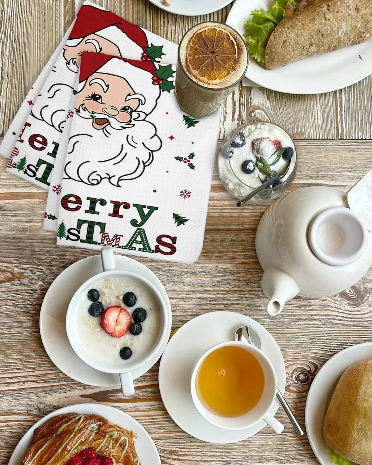 Christmas Winter Santa Claus 30*30cm Waffle Microfiber Kitchen Towel Soft Cleaning Cloth Scouring Pad Wiping Rag