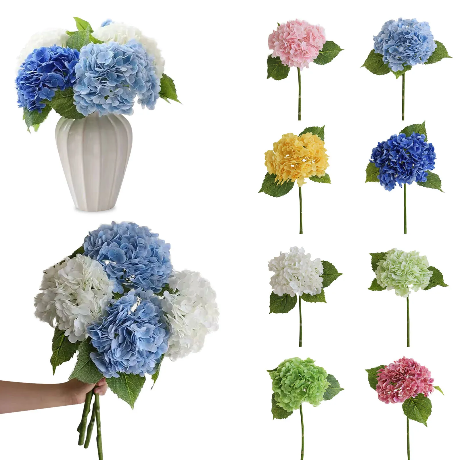 Blue Artificial Hydrangea Flowers Real Touch Green Artificial Hydrangea Branches Decoration Wedding Bouquet Flower Arrangement