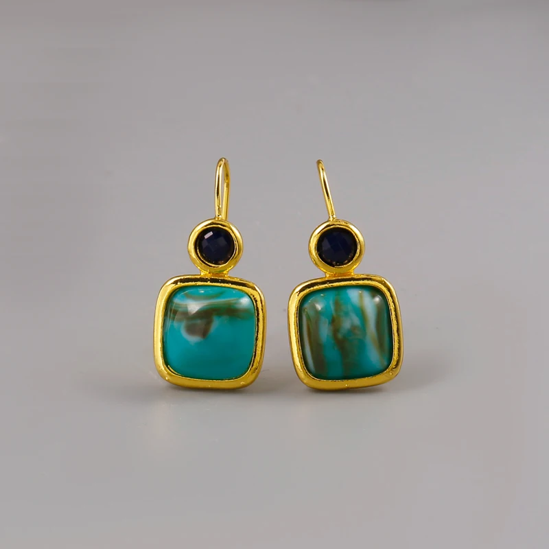 Vintage Square Inlaid with Green Stones Earrings Women Classic Personality Gold Color Blue Stone Dangle Earrings Jewelry