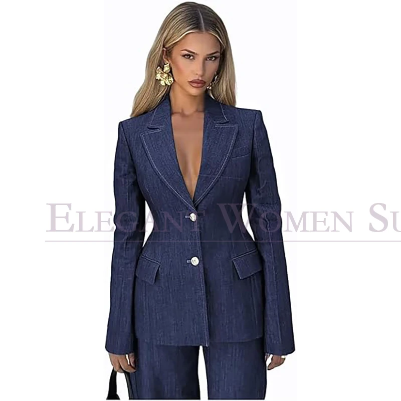Elegant Denim Women's Suits Fashion Single Breasted Smart Casual 2 Piece Jacket Pants Sets Office Lady Blazer Outfits