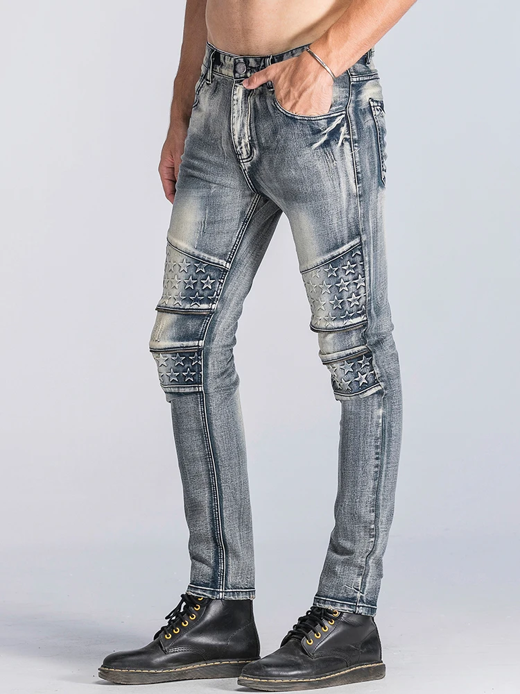 

High Street Men's Zipper Straight Leg Jeans Retro Motorcycle Elastic Slim Fit Biker Denim Cotton Polyester Spandex Casual Pants