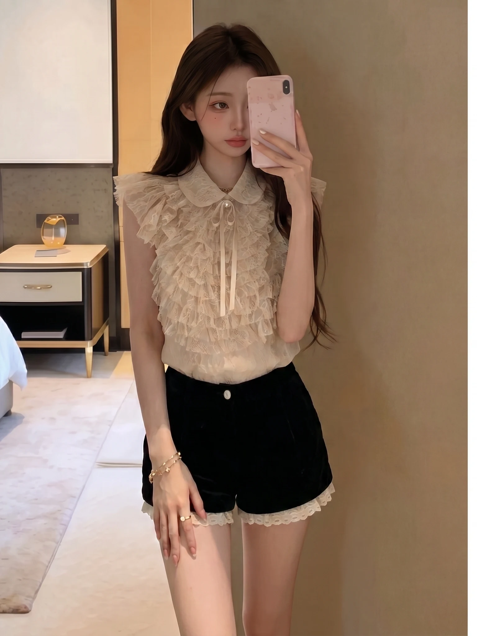 Delicate Pink Doll Collar Shirt with Lace Trim Sleeveless Pleated Slimming Top Heavy Embroidery Fly Shoulder Multi-Layered