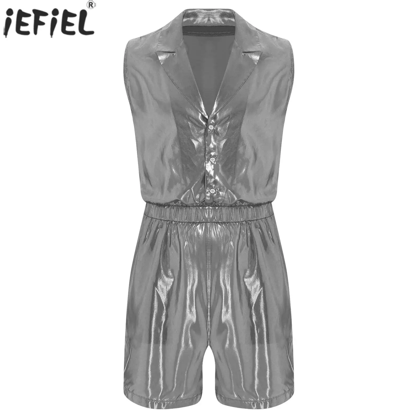 

Men's Fashion Sleeveless Shiny Bodysuit Party Club Traveling Daily Nightwear Pajamas Stretchy Smooth Short Pant Jumpsuits