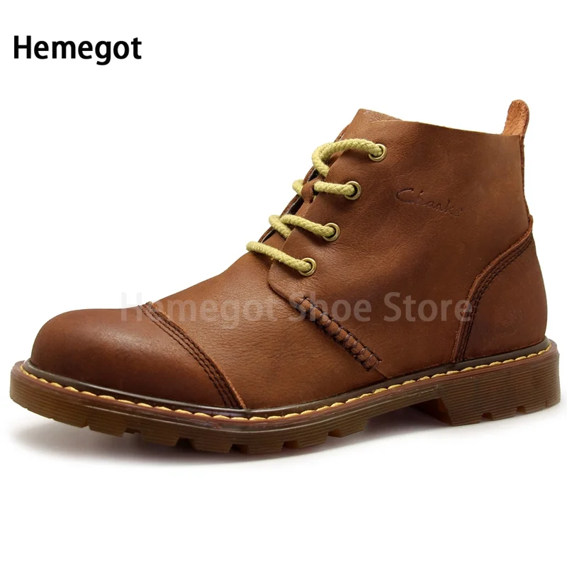 Men\'s High-Top Casual Shoes Genuine Leather Fashion Men Boots Retro Tendon Sole Soft Mid-Top Leather Shoes Trendy Boots