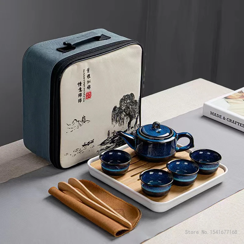 

Ceramic Blue Glaze Teapot One Pot Four Cups Tea Canister Outdoor Kung Fu Tote Bag Travel Cup Sets Portable Teaset, Chinese Style