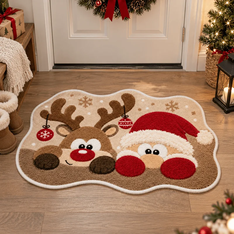 VIKAMA Cartoon Christmas Alien Pattern Area Rug Santa Claus Deer Entry Door Mat Soft Anti-Slip Bedroom Carpet Holiday Home Decor