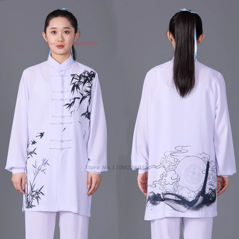 

2024 chinese vintage kung fu tai chi shaolin martial arts set national bamboo print training practice wushu outdoor sport suit