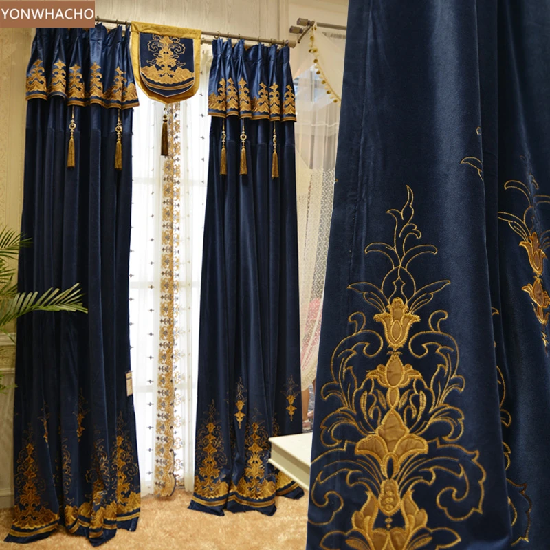 British Vintage Luxury blue embroidered thick cloth blackout curtain drape B674