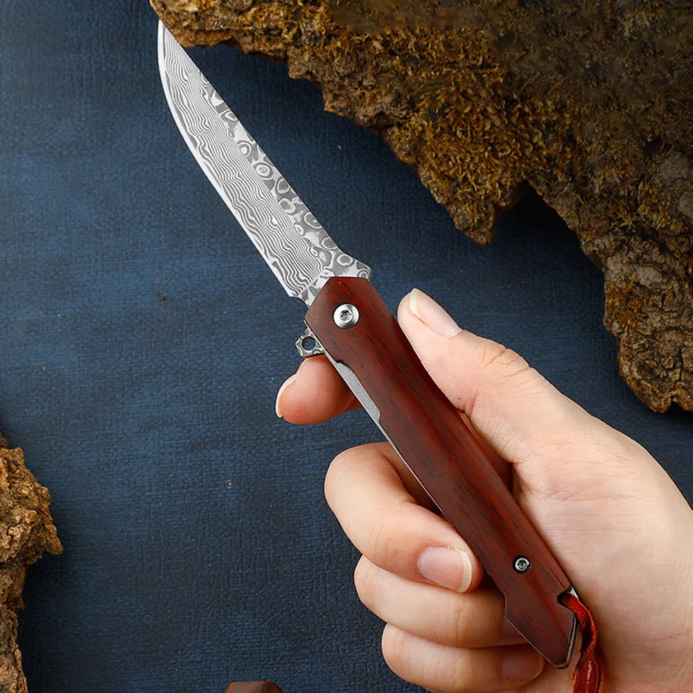 Facas de Bolso Damasco e Facas Dobráveis Edc Lightpeso Caça Survival Knife Sandalwood Handle Outdoor Tactical Camping Knife