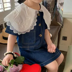 2022 Summer Girls Fashion Denim Suit Lace Edge Large Lapel Short-Sleeved Top +Denim Skirt Children'S Clothing Sets For Girls